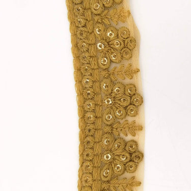 Brown Net Lace Trim With Floral Embroidery And Gold Sequins, Sequinned Trim, Wedding Trim Bridal Trim